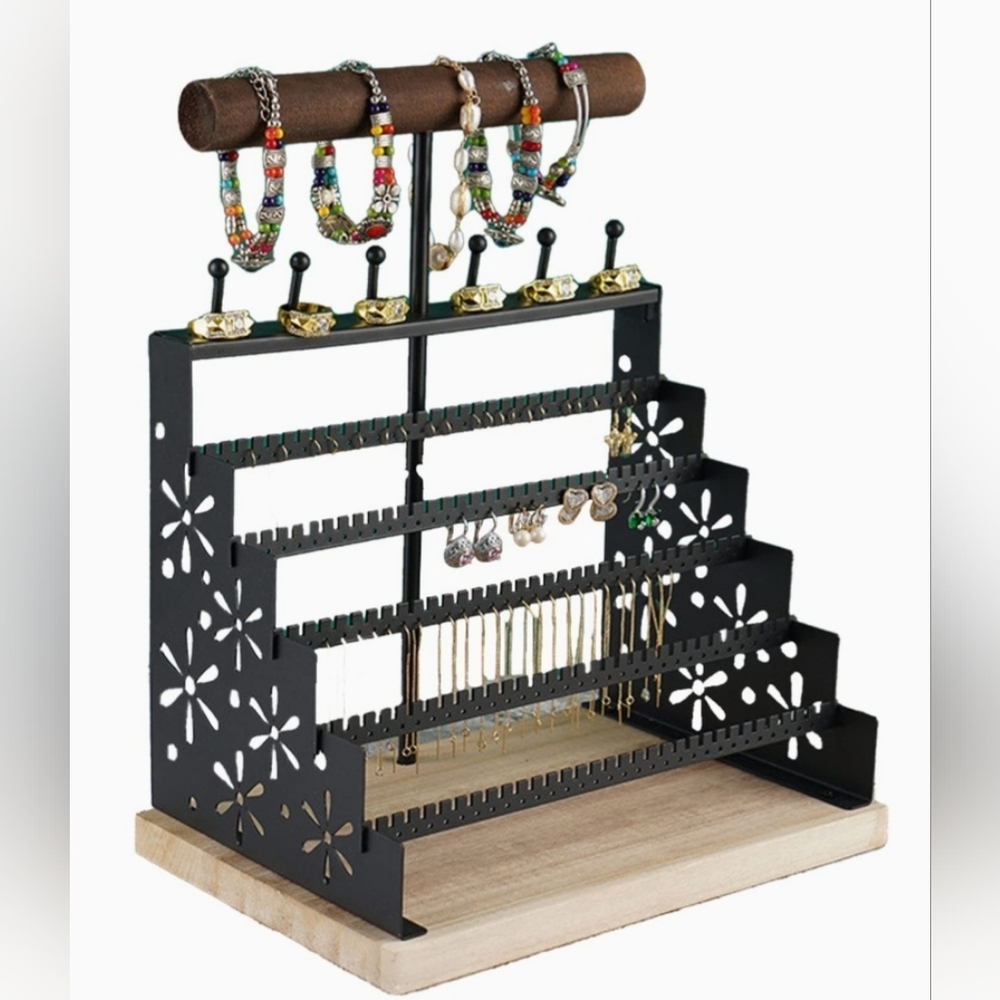 Tiered Black Metal and Wood Jewelry Organizer